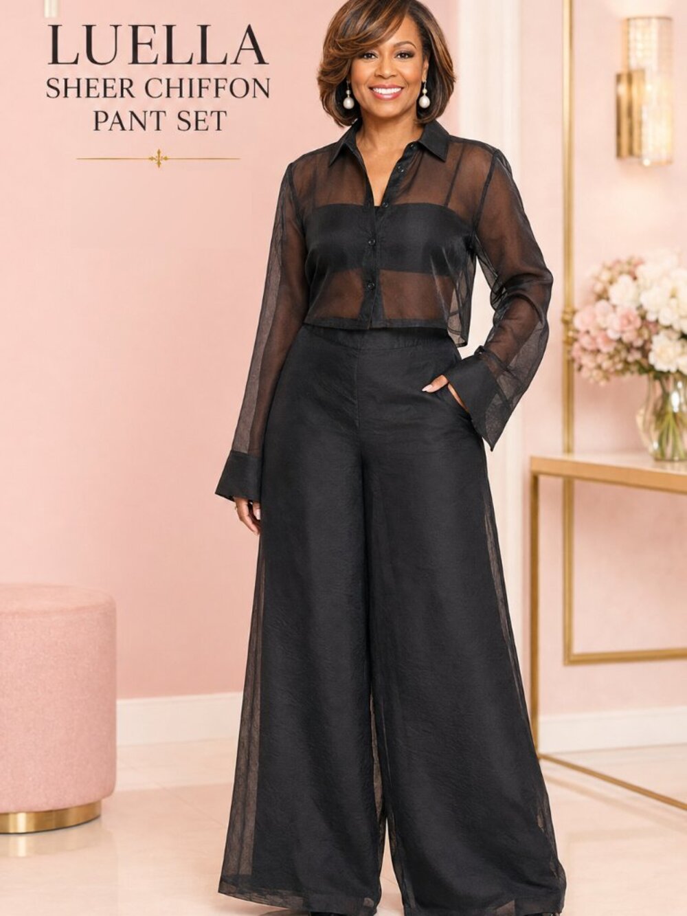 Luella Black Sheer Chiffon Button-Up Wide Leg 2 Piece Pant Set